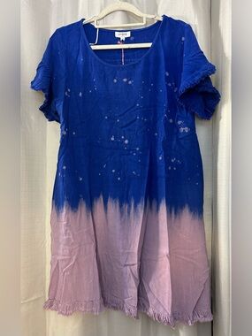 Umgee Linen Blend Bleach Dip Dye Ombre Dress Frayed Hem Blue